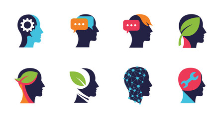 Fototapeta premium Vector illustration of a set of colorful women silhouettes with head icons and brain symbols representing business people thinking and mind communication concepts
