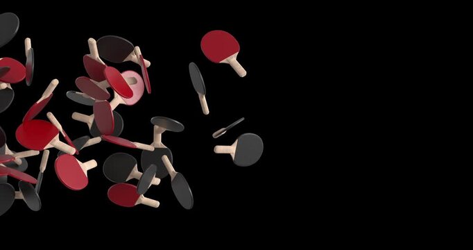 3D transition animation featuring multiple table tennis paddles entering from the left side of the screen and exiting to the right. Ideal for sports, ping pong, tournament, game, training, and motion 