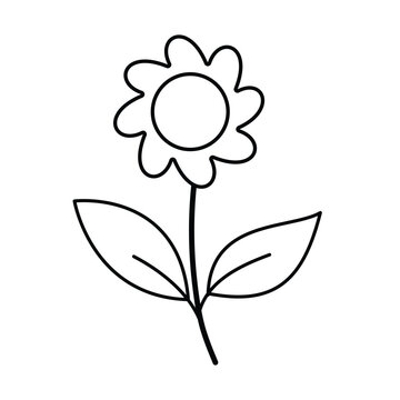 Flower Simple Black and White Line Art Drawing with Leaves and Stem