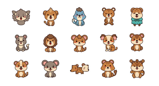 Cute cartoon animal vector set with bear dog cat lion tiger elephant giraffe and other baby safari zoo pets