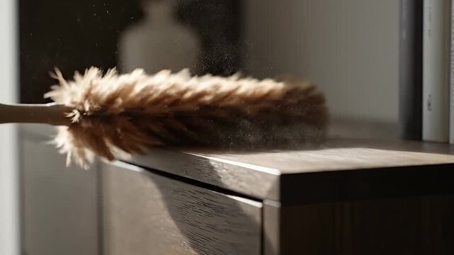 Hand dusting wooden cabinet with feather duster and floating dust