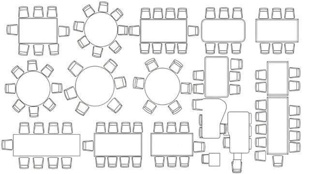 Top-down view of different table and chair arrangements for event seating
