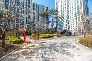 벚꽃이 피어있는 고층아파트의 풍경, 충청북도 청주시에 위치 © Beautiful Korea