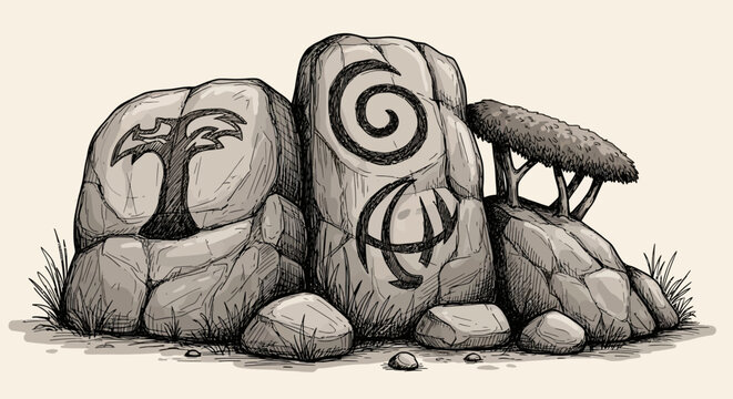 Black and white cartoon illustration of alien monster zombie and ancient wooden totem statue face mask sculpture art culture