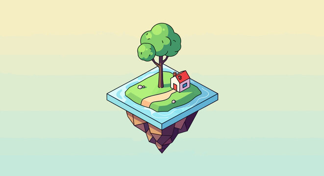 Cartoon island with trees and house in the sea illustration