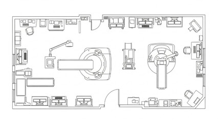 Fototapeta premium Detailed schematic floor plan of a modern medical research and diagnostic facility, illustrating advanced equipment and lab layout