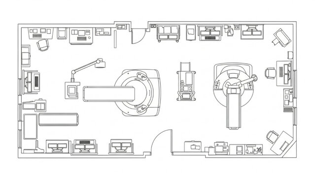 Detailed schematic floor plan of a modern medical research and diagnostic facility, illustrating advanced equipment and lab layout
