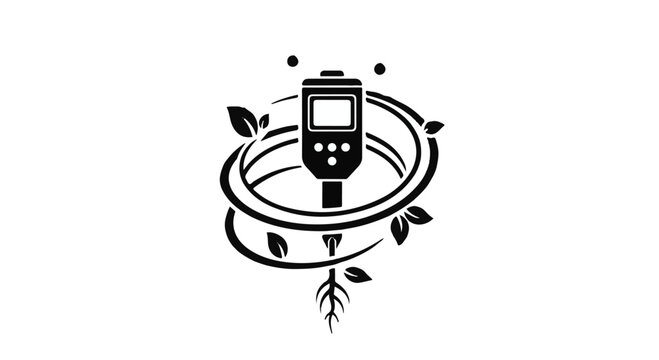 Soil moisture meter surrounded by swirling leaves on a white background for gardening.