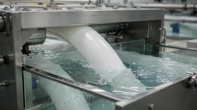 Medium shot of pipe calibration tank section with fresh pipes undergoing vacuum sizing highlighting precise shaping under controlled pressure in waterfilled tanks.