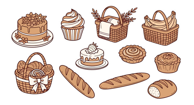 Illustration of various bakery products and baskets on white background