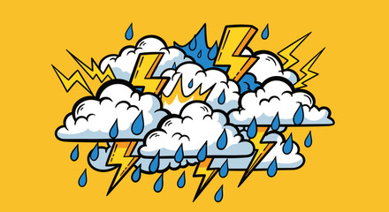 Fototapeta premium Vibrant cartoon illustration of stormy weather with clouds, lightning, and raindrops on a bright yellow background, evoking a sense of energy and turm