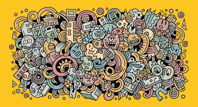 A vibrant and playful doodle artwork featuring a jumbled mix of cartoon faces, objects, and swirls on a bright yellow background, conveying a sense of