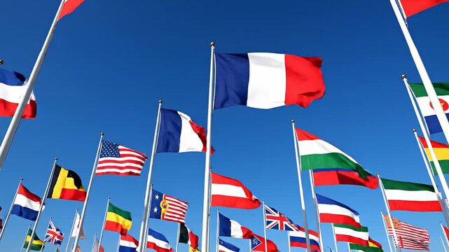 International flags flying high against clear blue sky