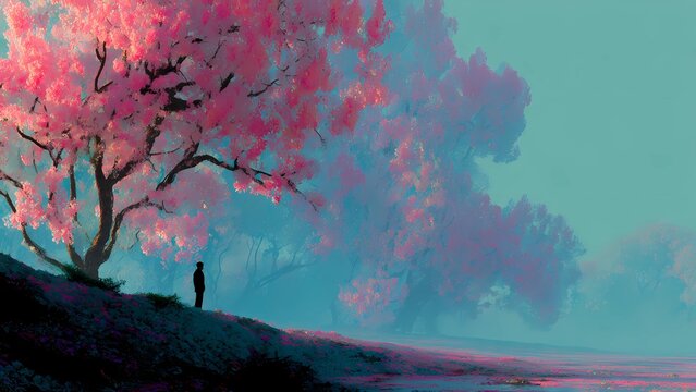 silhouette of a man standing under blooming pink trees in misty forest  