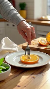 Person cutting a fresh orange slice on a white plate in a sunny kitchen.