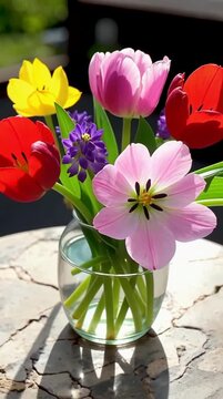 Colorful spring flowers including tulips and hyacinths in a glass vase on outdoor table.