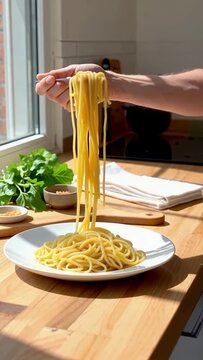 Hand serving fresh cooked spaghetti pasta on a white plate in a bright kitchen.