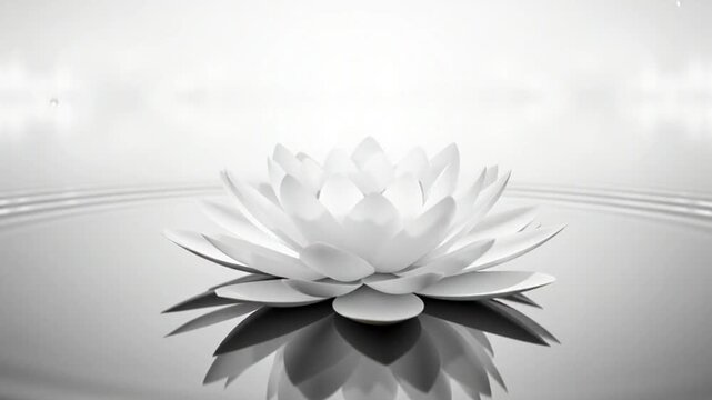 Serene white water lily floating on calm reflective pond in soft light