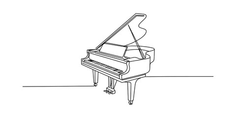 A minimalist single continuous line drawing of a grand piano isolated on a plain white background. Vector, illustration © Badhon_Designer