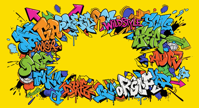 A vibrant graffiti art border design with colorful letters and arrows on a yellow background, conveying a sense of creativity and urban style.