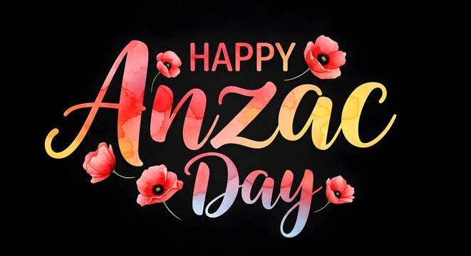 Happy anzac day lettering with watercolor poppies on black background