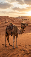 Fototapeta premium Arabian camel standing in golden desert dunes at sunset with distant caravan