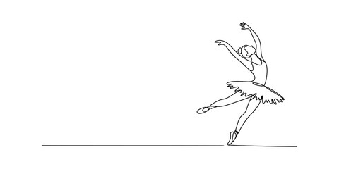 A minimalist single line drawing of a graceful ballerina performing a dance pose on stage floor Vector, illustration © Badhon_Designer
