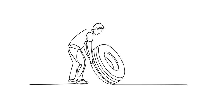 A continuous line drawing of a person pushing a large rubber tire across a flat ground surface Vector, illustration