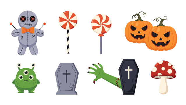 Set of Halloween icons including a voodoo doll lollipops pumpkins monster gravestone coffin and mushroom for party.