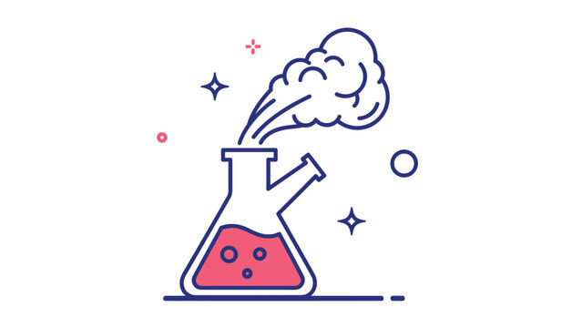 Line art illustration of a chemistry flask with bubbling pink liquid and steam rising from the top against white.