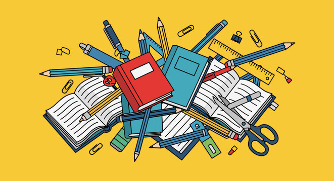 A colorful illustration of a chaotic pile of school supplies on a yellow background, conveying a sense of creativity and learning.