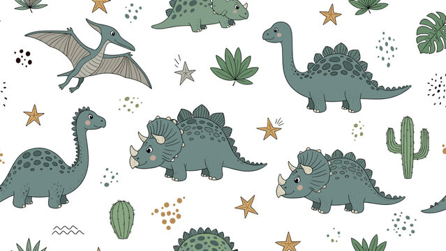 Seamless pattern of cute dinosaurs including triceratops stegosaurus and pterodactyls with stars and cacti on white.