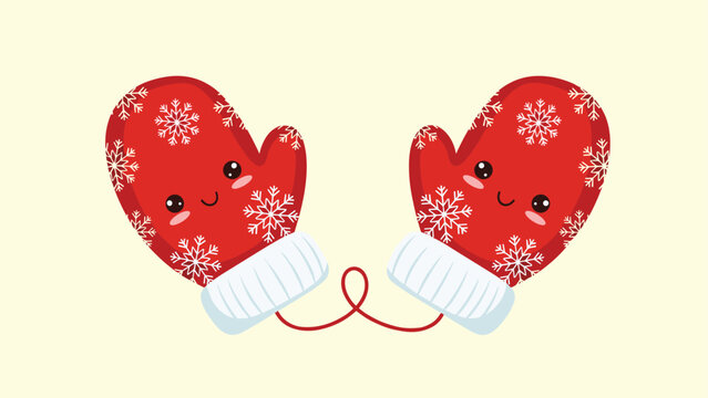 Couple of red winter mittens with snowflake patterns and happy faces connected by a red string on a light yellow background.
