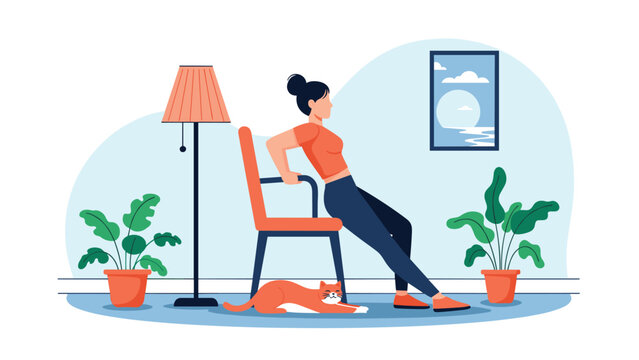 Woman performing tricep chair dips exercise in a bright living room with a cat and indoor plants decoration.