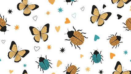 Fototapeta premium Seamless pattern with hand drawn colorful butterflies, ladybugs, hearts and stars for nursery wallpaper or textile design isolated on white.