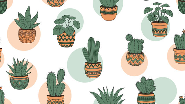 Seamless pattern with various green potted plants and prickly cacti on a background with colorful pastel circles for interior design.