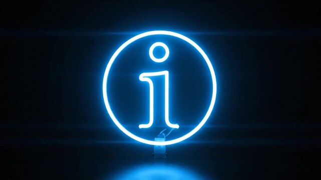 A glowing blue neon information symbol illuminates a dark background with a soft blue reflection