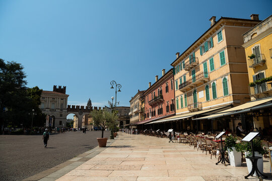Outdoor Cafes Along Piazza Bra on a Summer Day in Verona, Italy