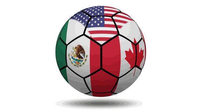 A soccer ball featuring flags of Mexico, USA, and Canada flies through air