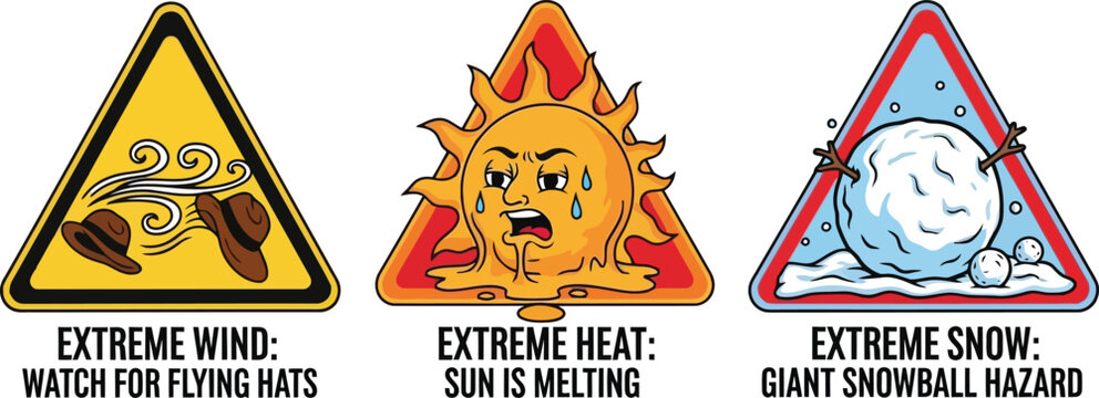 Set of Engaging cartoon illustrations offer humorous warnings for extreme weather events, promoting climate awareness through a playful visual set.