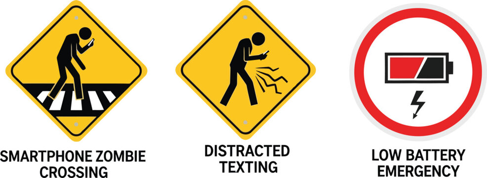 Set of warnings on smartphone use distraction impacting pedestrian safety, and a vital low battery emergency icon.