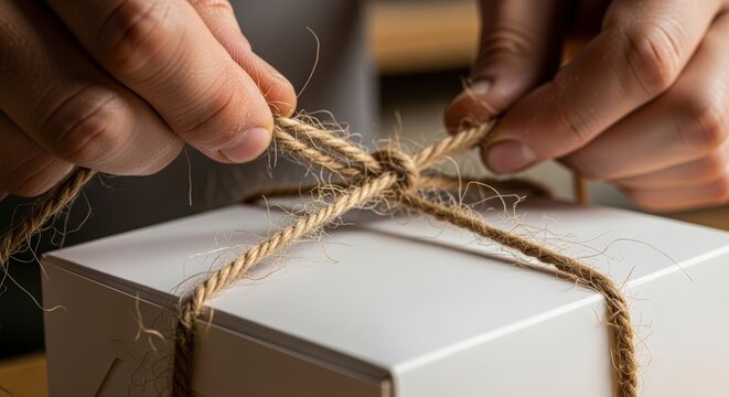 Hands tying brown rope around package.