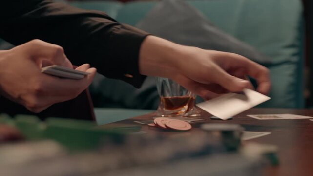 Close up unrecognizable Caucasian male dealer shuffling cards poker chips home casino card man guy businessman croupier playing gaming gambling play blackjack drinking alcohol whiskey smoking cigar