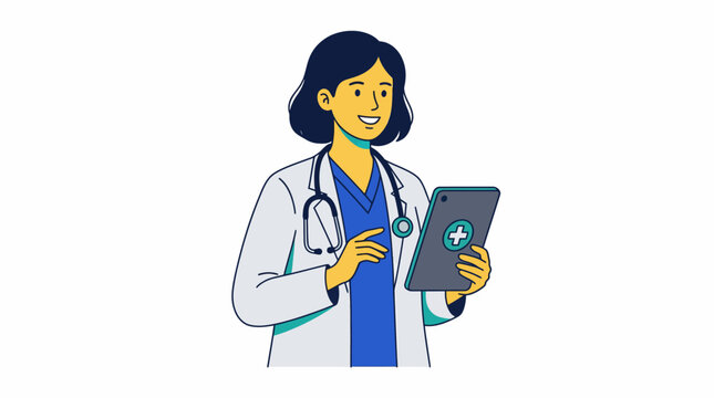 Professional female doctor character holding digital for healthcare medical services
