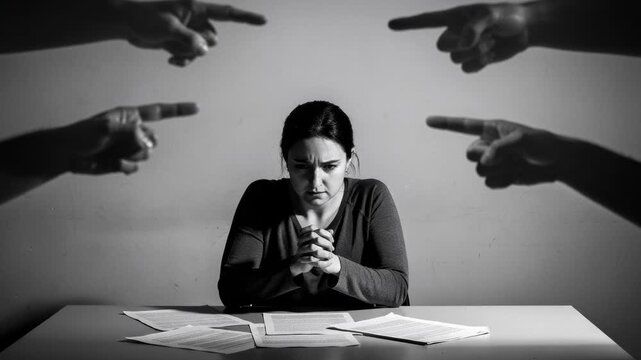 Stressed woman overwhelmed by accusations and blame sitting at desk with papers in black and white