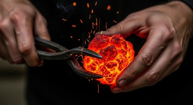 Hands shaping hot glowing metal object.