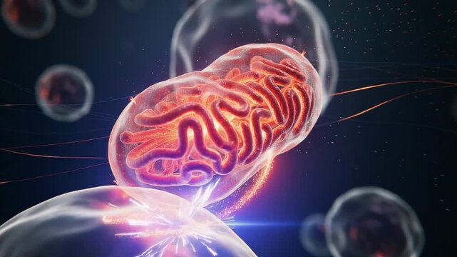 Detailed 3D illustration of a glowing mitochondrion with energy particles in a dark background representing cellular energy