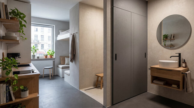 Micro-apartment shower folding into the wall