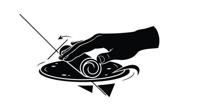 Hand rolling a cigarette on a circular surface with abstract shapes below.