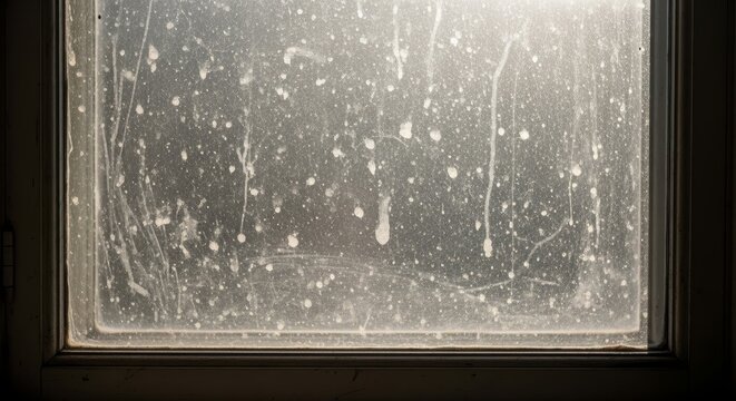 Dirty glass window with water droplets.